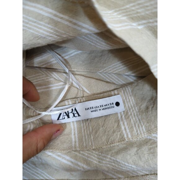 Zara Women's Halter Tan Stripe Sleeveless Ruched Crop Top Tie Front Size XS - Picture 6 of 7